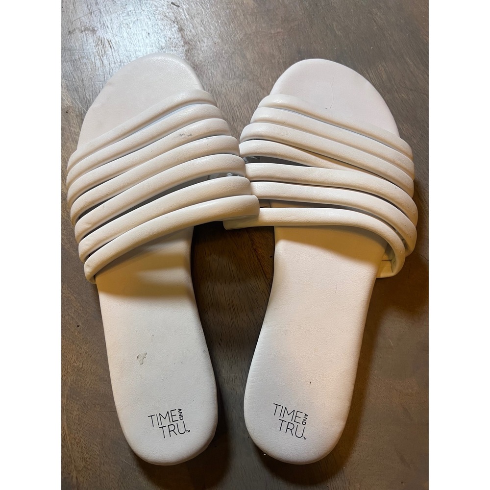 Time and Tru Womens Slide Sandals Padded Multi-Strap White Size 10